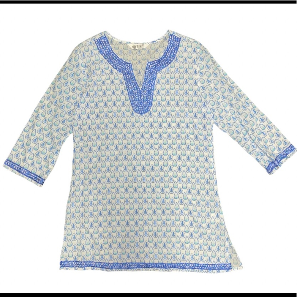 Indian Cotton Beach Cover Up Embroidered Blue White Long Sleeve Size Large